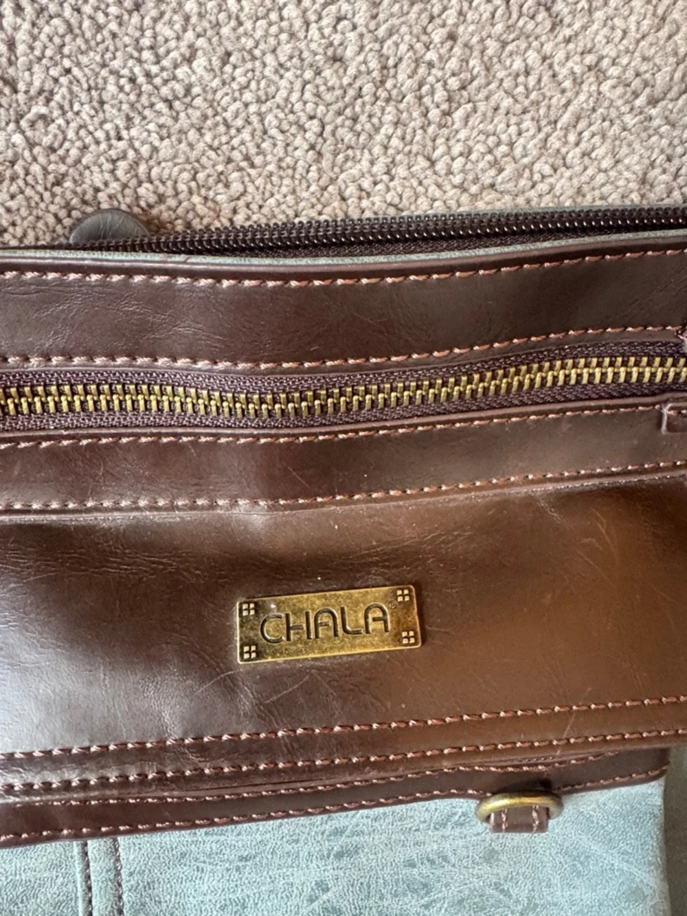 Chala Blue Brown Vegan Leather Crossbody Bag Multi Pocket Boho Purse